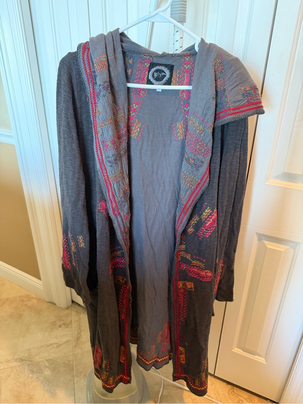 Johnny Was Gray Hooded Open Cardigan with Pink Embroidery